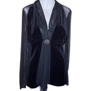 Blu Sage Holiday Blouse Black Sheer Sleeves & Back Velvet Bodice Size L